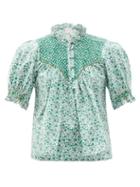 Ladies Beachwear Loretta Caponi - Milvia Shirred Floral-print Cotton-poplin Blouse - Womens - White Print