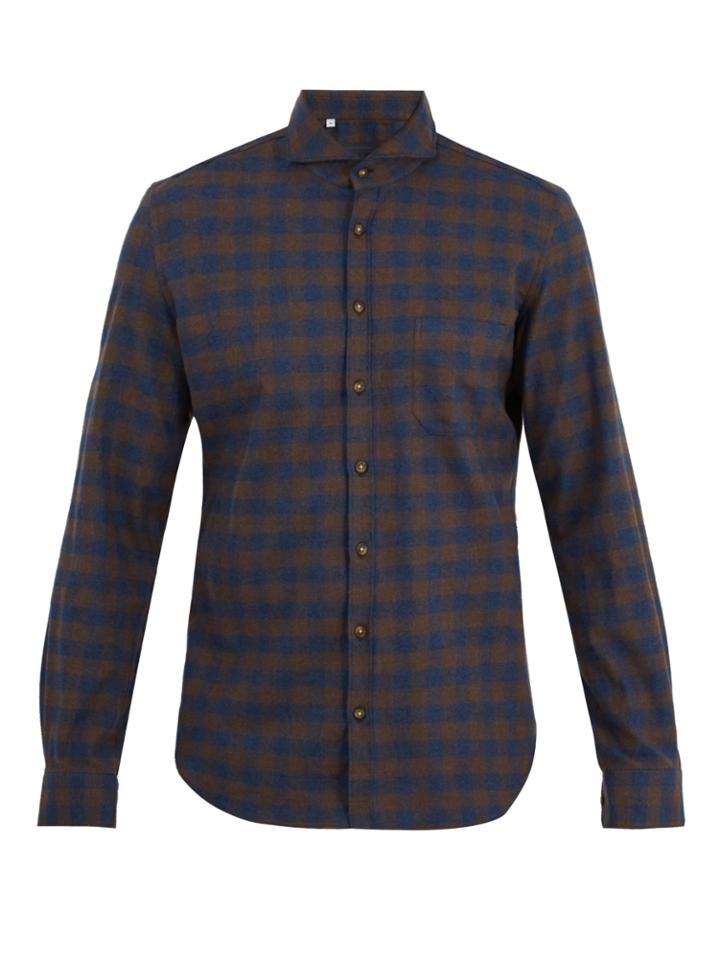 Thom Sweeney Cutaway-collar Single-cuff Checked Cotton Shirt