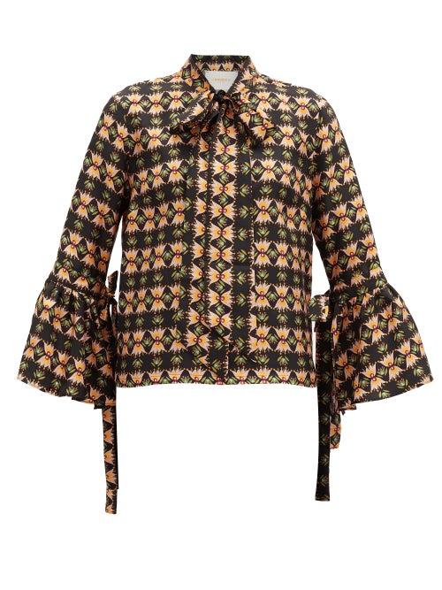 Matchesfashion.com La Doublej - Happy Wrist Bell-sleeve Floral-print Silk Blouse - Womens - Pink Multi