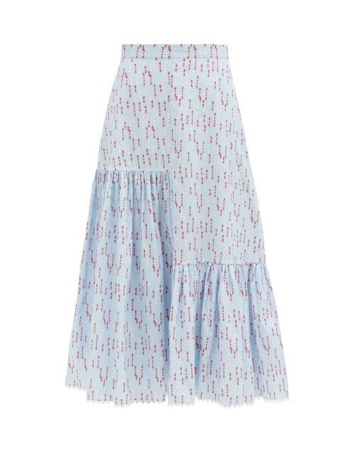 Matchesfashion.com Erdem - Gaura Spot Fil-coup Striped Twill Midi Skirt - Womens - Light Blue