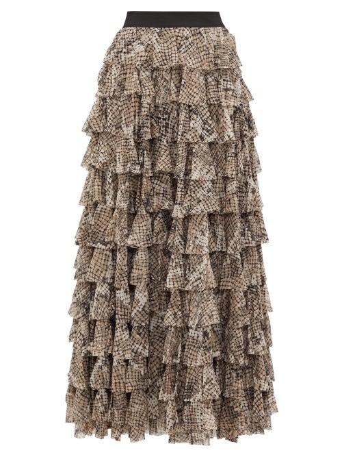 Matchesfashion.com Norma Kamali - Python-print Tiered-ruffle Skirt - Womens - Grey Print
