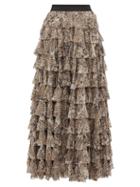 Matchesfashion.com Norma Kamali - Python-print Tiered-ruffle Skirt - Womens - Grey Print