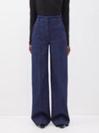 Another Tomorrow - High-rise Pintucked Denim Trousers - Womens - Dark Blue
