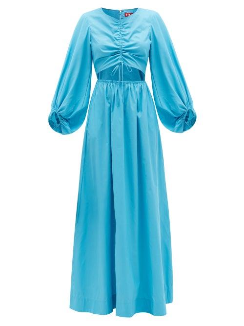 Matchesfashion.com Staud - Vincent Cutout Ruched-front Cotton-blend Dress - Womens - Blue