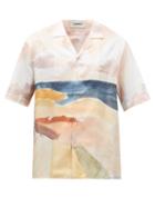 Commas - Shoreline-print Cuban-collar Silk Shirt - Mens - Cream Multi