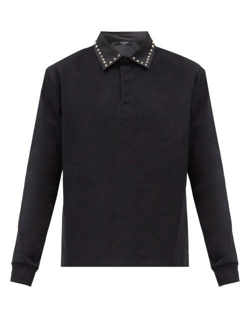 Matchesfashion.com Valentino - Rockstud Cotton-piqu Long-sleeved Polo Shirt - Mens - Black