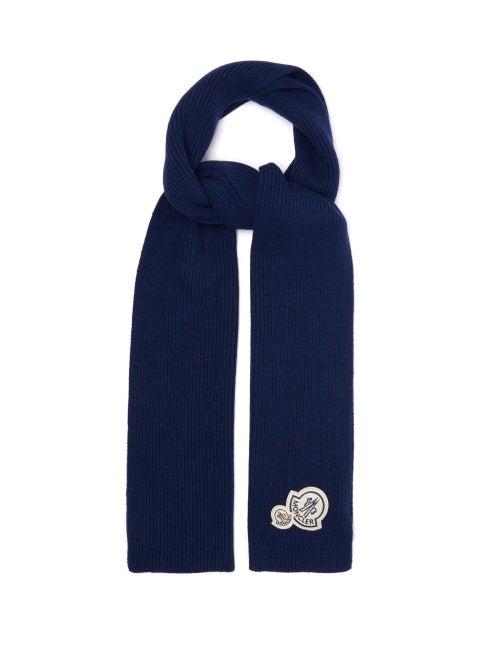 Matchesfashion.com Moncler - Logo Patch Wool Blend Ribbed Scarf - Mens - Blue