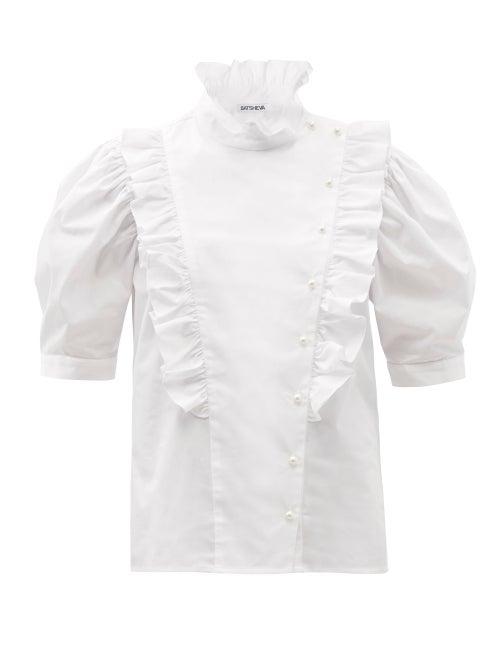 Ladies Rtw Batsheva - Sophie Ruffled Cotton-poplin Top - Womens - White
