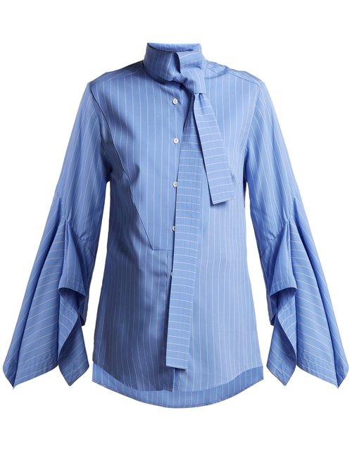 Matchesfashion.com Palmer//harding - Draped Sleeve Cotton Pussy Bow Shirt - Womens - Blue
