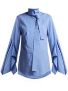 Matchesfashion.com Palmer//harding - Draped Sleeve Cotton Pussy Bow Shirt - Womens - Blue