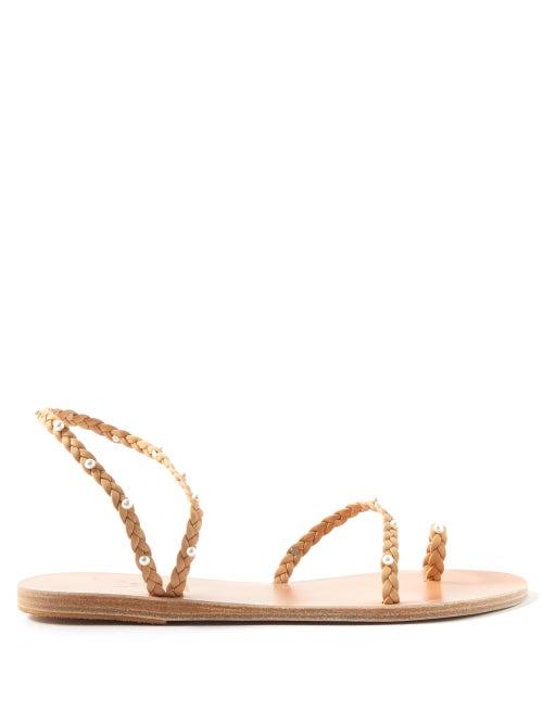 Ancient Greek Sandals - Eleftheria Pearl-embellished Leather Sandals - Womens - Tan