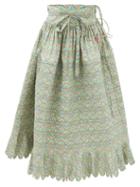 Horror Vacui - Chloe Floral-print Scalloped Cotton-poplin Skirt - Womens - Green Multi