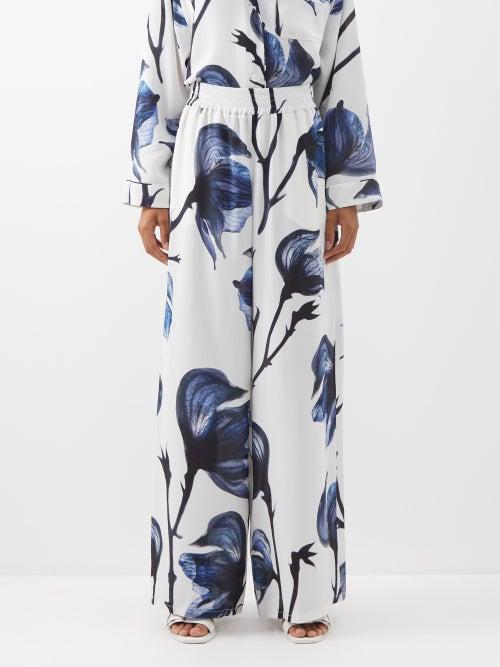 Alexander Mcqueen - Bell Flower-print Silk Wide-leg Trousers - Womens - Blue White