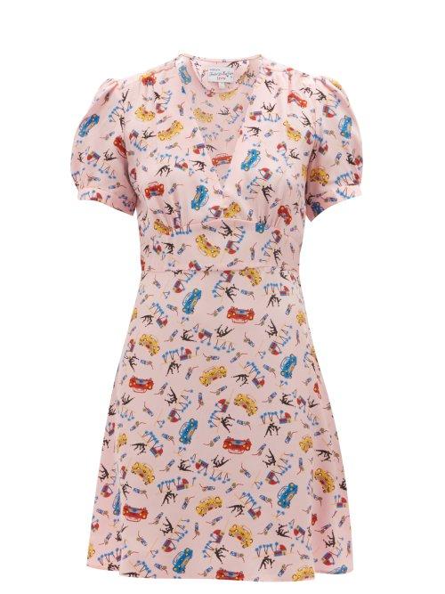 Matchesfashion.com Hvn - Paula Car Print Silk Mini Dress - Womens - Light Pink