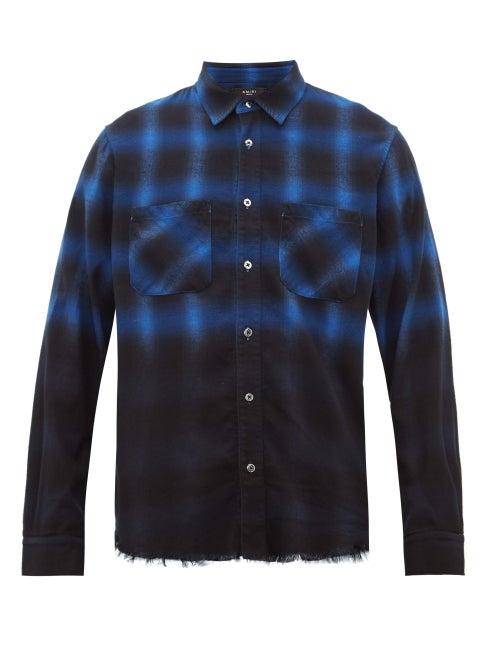 Matchesfashion.com Amiri - Gradated Check Frayed Hem Cotton Blend Shirt - Mens - Blue