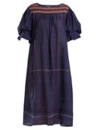 Matchesfashion.com Thierry Colson - Cretan Embroidered Puff Sleeve Cotton Dress - Womens - Navy