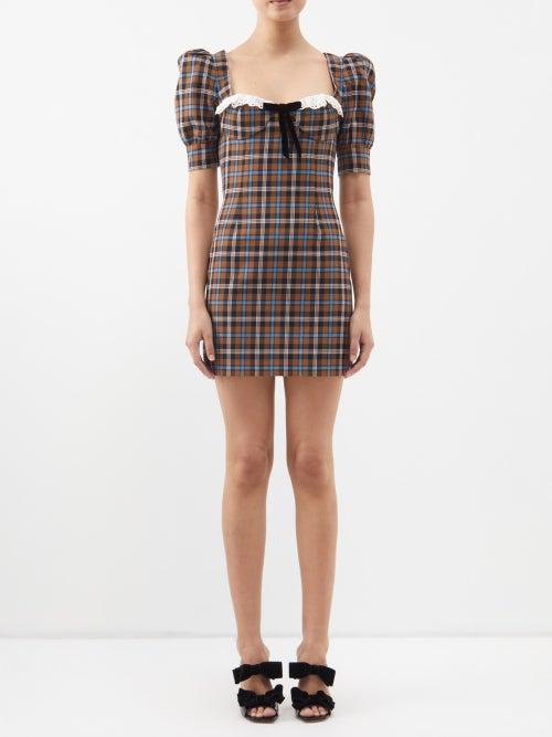 Alessandra Rich - Sweetheart-neck Checked Wool Mini Dress - Womens - Brown Multi