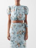 Erdem - Vacation Hydra Floral-print Linen Cropped Top - Womens - Blue Print