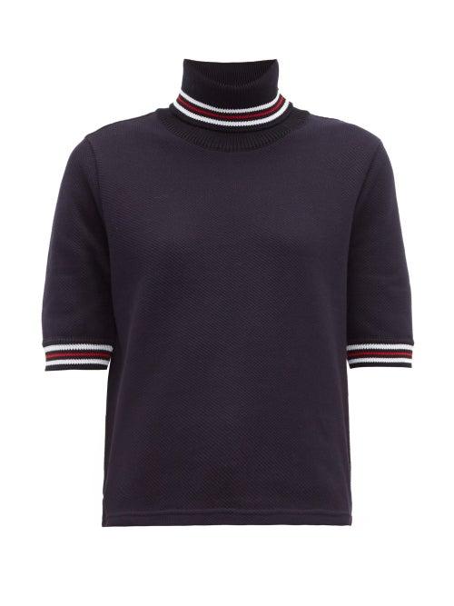 Matchesfashion.com Thom Browne - Striped Cotton Piqu Roll Neck T Shirt - Womens - Navy