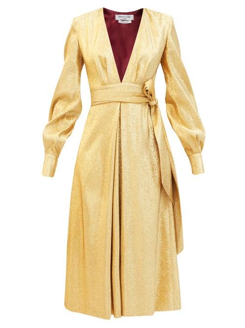 Matchesfashion.com Franoise - Waist-tie Lam Midi Dress - Womens - Gold