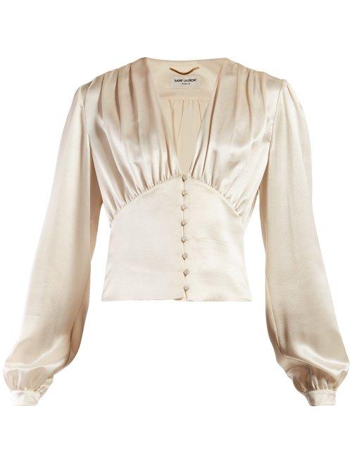 Matchesfashion.com Saint Laurent - V Neck Satin Blouse - Womens - Ivory