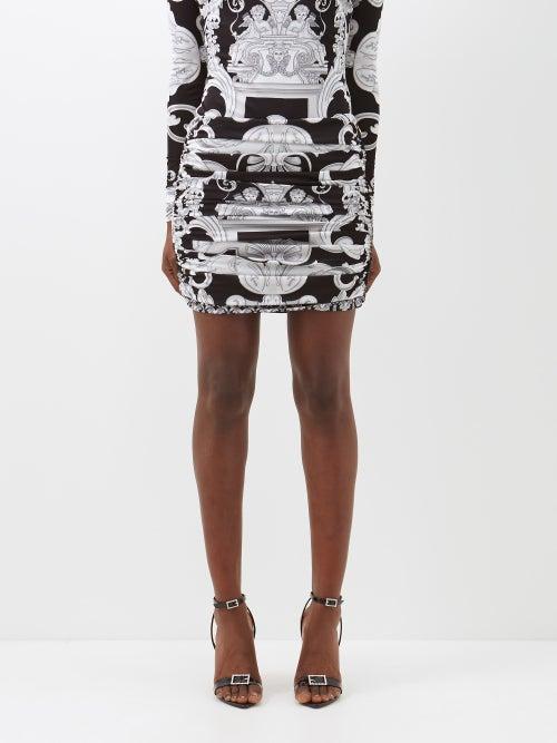 Versace - Baroque-print Ruched Jersey Mini Skirt - Womens - Black White