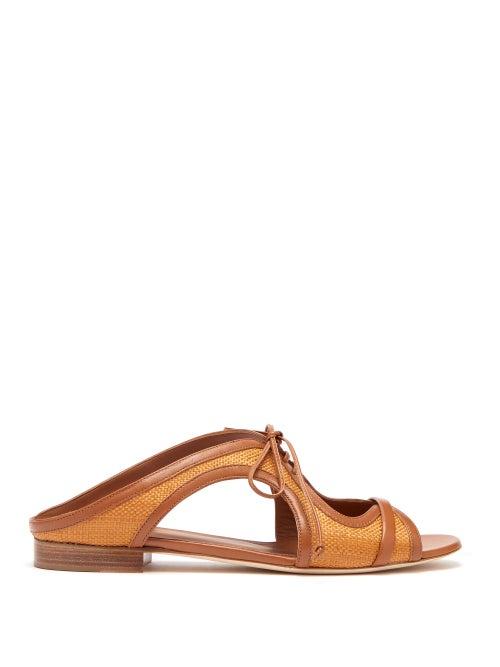 Matchesfashion.com Malone Souliers - Sabrina Tie Front Raffia And Leather Slides - Womens - Tan