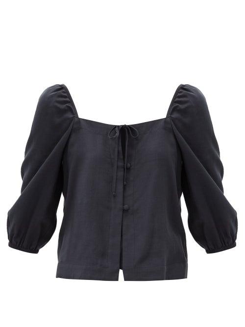 Matchesfashion.com Casa Raki - Nicola Tie-neck Organic-linen Blouse - Womens - Black