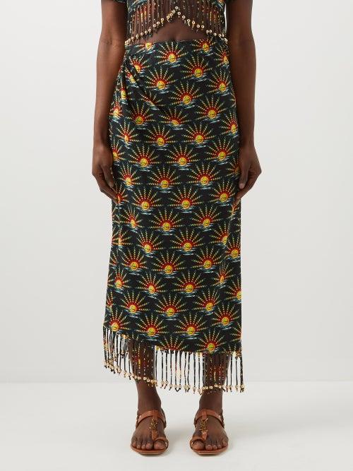 Paco Rabanne - Sunrise-print Fringed Cotton-jersey Midi Skirt - Womens - Black Multi