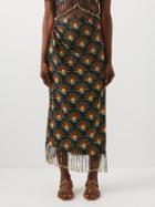 Paco Rabanne - Sunrise-print Fringed Cotton-jersey Midi Skirt - Womens - Black Multi