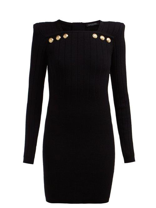 Matchesfashion.com Balmain - Crest Embossed Button Wool Blend Mini Dress - Womens - Black