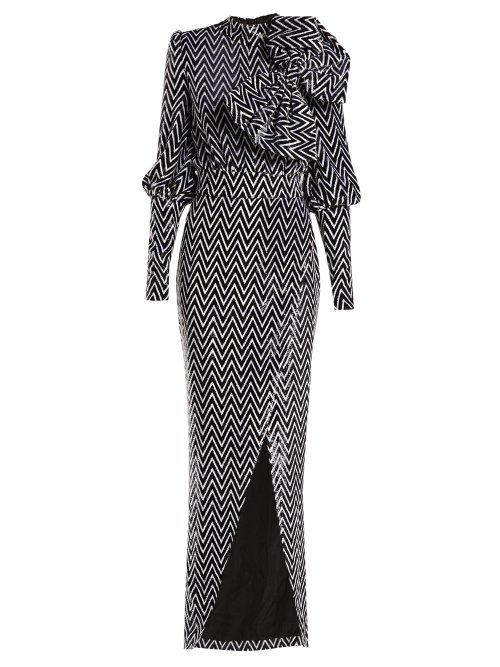 Matchesfashion.com Balmain - Chevron Striped Bow Embellished Velvet Gown - Womens - Black White