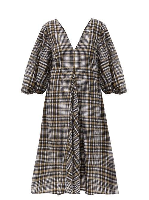 Matchesfashion.com Ganni - Puff-sleeve Checked Seersucker Midi Dress - Womens - Grey Multi