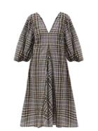 Matchesfashion.com Ganni - Puff-sleeve Checked Seersucker Midi Dress - Womens - Grey Multi