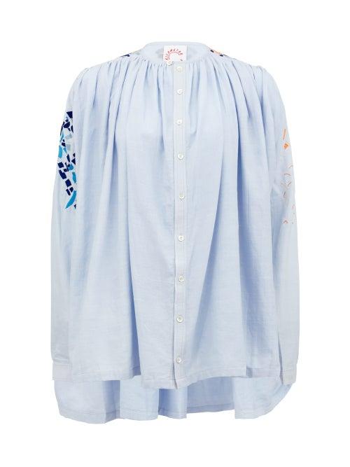 Matchesfashion.com Kilometre Paris - Majorca-embroidered Gathered Cotton Shirt - Womens - Blue Multi