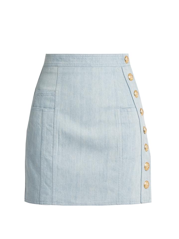 Balmain Side-button Stretch-denim Mini Skirt