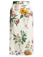 Matchesfashion.com Dolce & Gabbana - Floral And Vase Print Silk Blend Pencil Skirt - Womens - White Multi