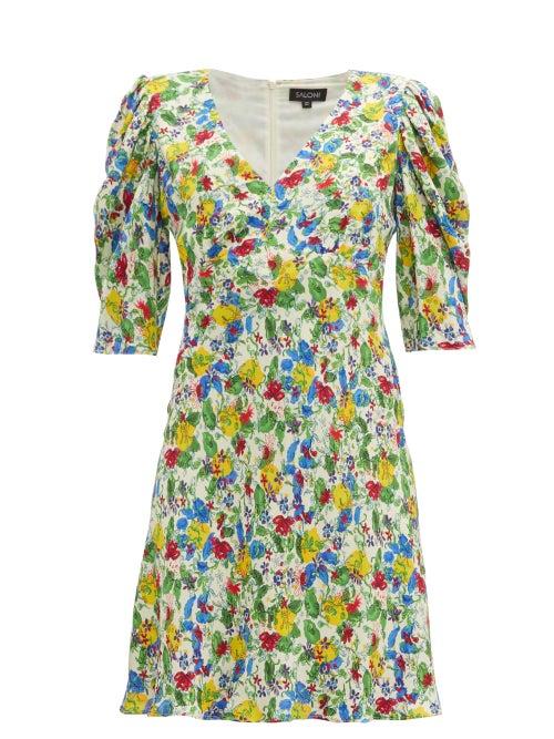 Matchesfashion.com Saloni - Colette Floral Print Crepe Mini Dress - Womens - White Multi