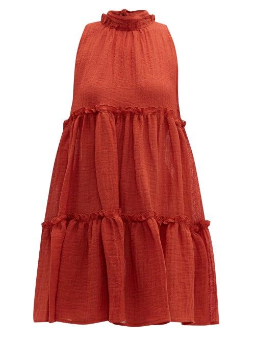 Matchesfashion.com Lisa Marie Fernandez - Erica Ruffled Linen Blend Mini Dress - Womens - Red