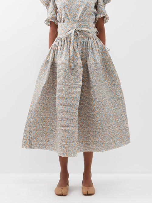 Horror Vacui - Toga Floral-print Cotton-poplin Midi Skirt - Womens - White Blue Yellow