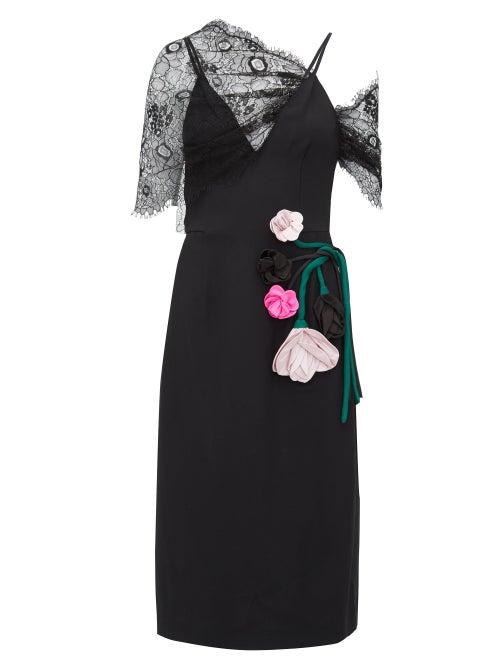 Matchesfashion.com Prada - Rose Appliqu Lace Overlay Midi Dress - Womens - Black Multi