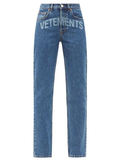 Matchesfashion.com Vetements - Lasered-logo Slim-leg Jeans - Womens - Blue