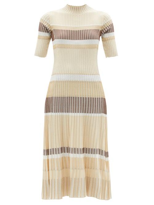 Ladies Rtw Proenza Schouler - High-neck Lurex-striped Midi Dress - Womens - Beige Multi