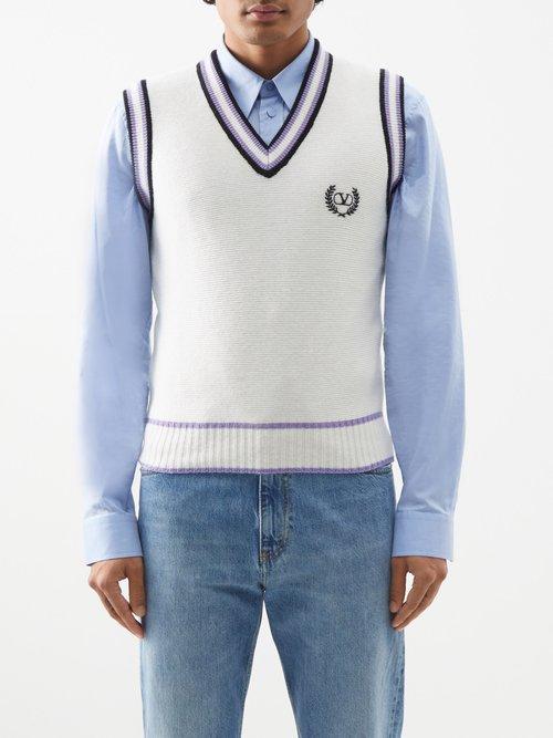 Valentino - V-logo Embroidered Wool Sweater Vest - Mens - Ivory Black