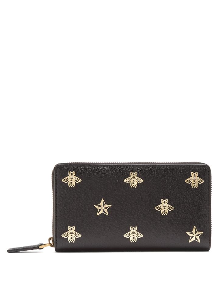 Gucci Bee-print Zip-around Grained-leather Wallet