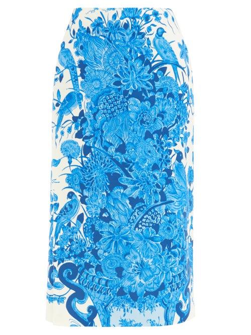 Matchesfashion.com Valentino - Delft-print Crepe Couture Wool-blend Skirt - Womens - Blue White