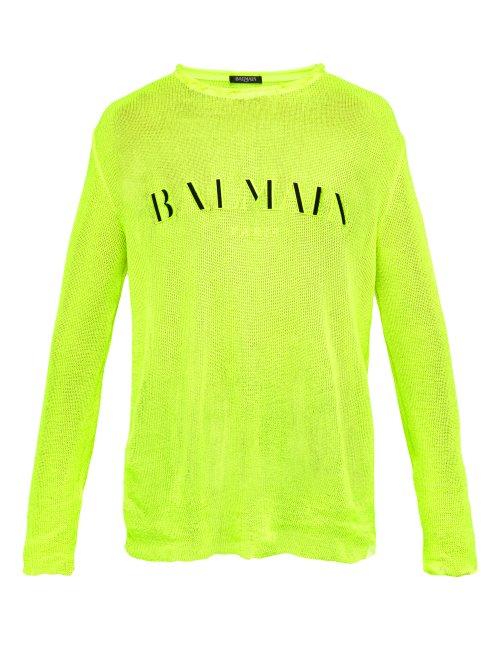 Matchesfashion.com Balmain - Distressed Logo Embroidered Striped Sweater - Mens - Yellow