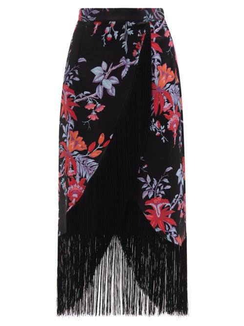 Ladies Rtw Taller Marmo - El Pareo Fringed Floral-jacquard Skirt - Womens - Black Multi