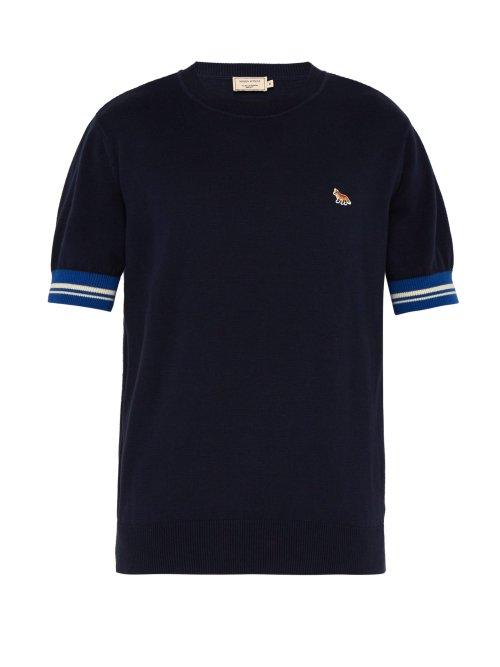 Matchesfashion.com Maison Kitsun - Striped Cuff Short Sleeved Cotton Sweater - Mens - Navy