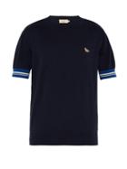 Matchesfashion.com Maison Kitsun - Striped Cuff Short Sleeved Cotton Sweater - Mens - Navy